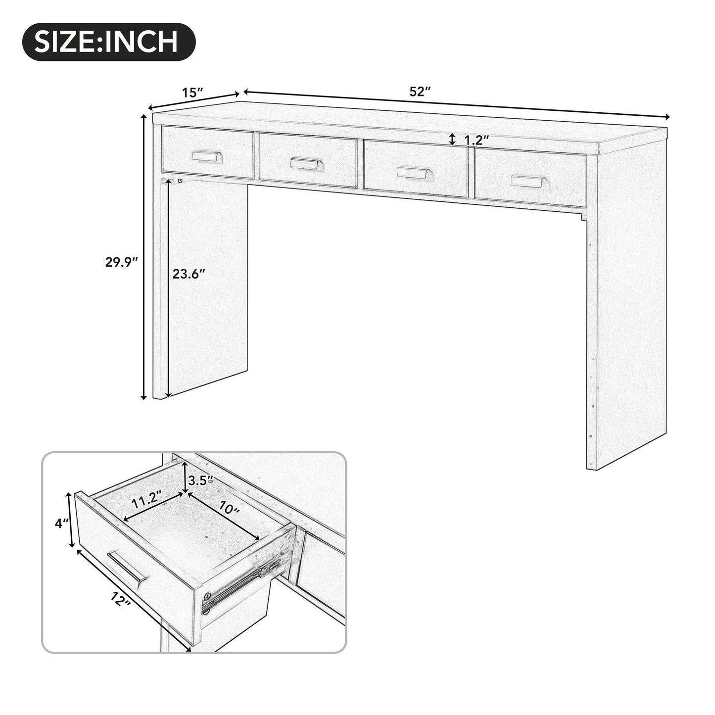TREXM Table console minimaliste moderne avec plateau ouvert et quatre tiroirs avec poignées en métal pour entrée, salon et salle à manger (blanc)