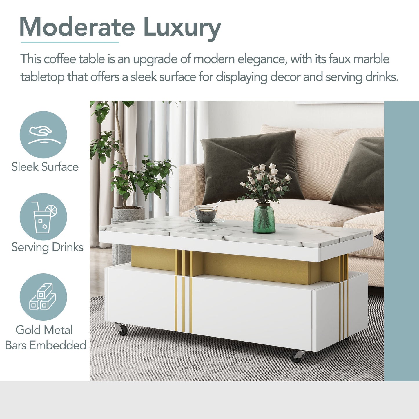 [VIDÉO fournie] Table basse contemporaine ON-TREND avec plateau en faux marbre, table de cocktail rectangulaire avec roulettes, table centrale de luxe modéré avec barres en métal doré pour le salon, blanc