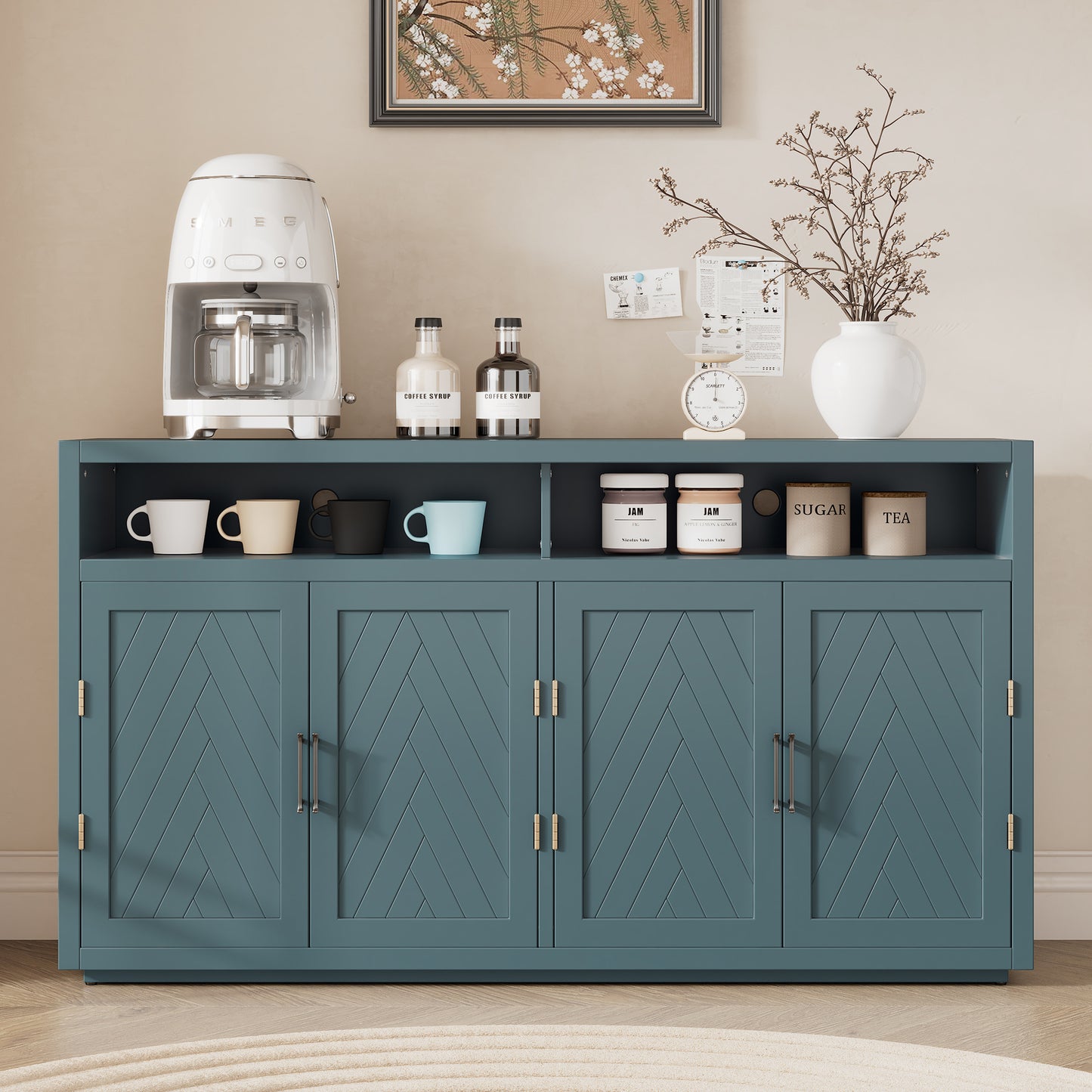 TREXM 4-door Classic Sideboard with Open Storage and Adjustable Shelves Perfect for kitchens,  living rooms (Smoke Blue)