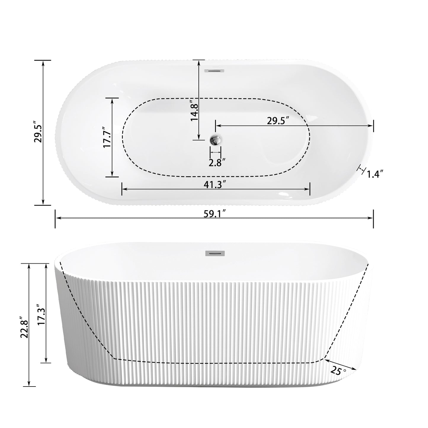 59" Acrylic Freestanding Bathtub-Acrylic Soaking Tubs, Fluted style-Gloss White Freestanding Bathtub With Chrome Overflow and Pop Up Drain