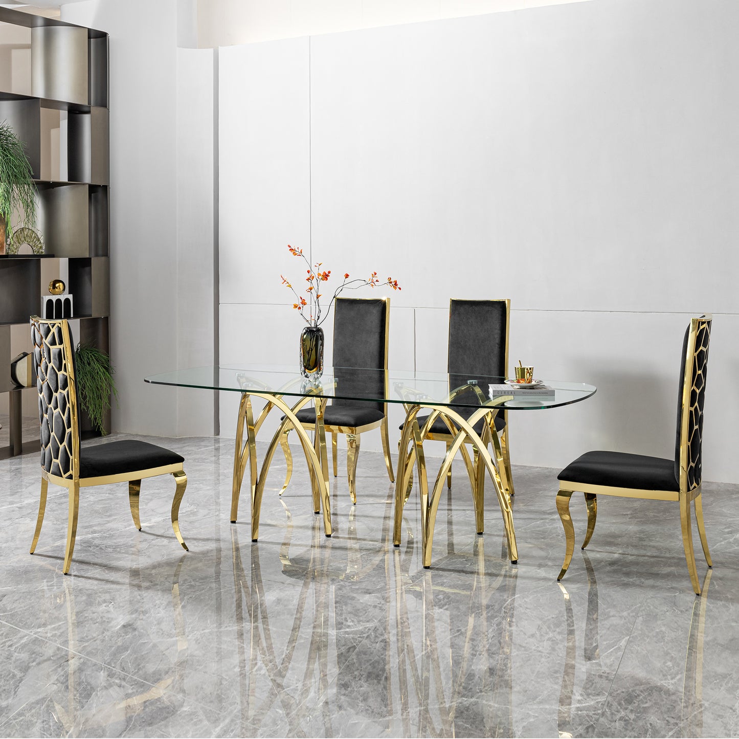 0.47" Thick Tempered Clear Glass Rectangular Big Dining Table with Gold Stainless Steel Base 86.61" L x 39.37" W x 29.92" H