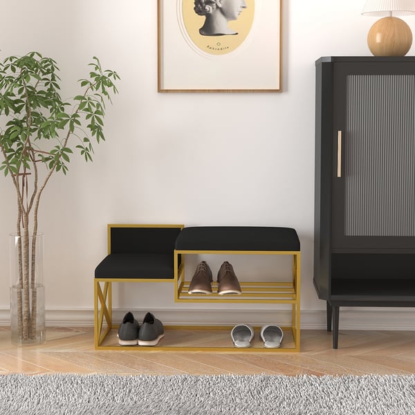 Modern PU Leather Upholstered Entryway Bench Black with Gold Legs