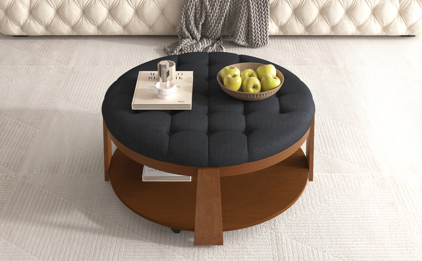 Modern Large Round Ottoman Coffee Table 2-Tier Oversized Button Tufted Ottoman with Wood Shelf Storage Upholstered Coffee Table for Living Room Footrest Ottoman with wheel, waterproof Linen