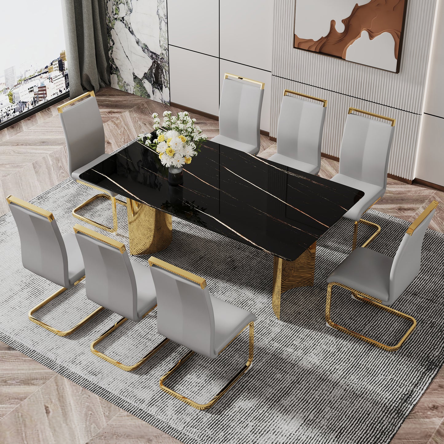 Modern minimalist dining table. The black patterned glass desktop is equipped with golden metal legs. Suitable for restaurants and living rooms  71" *39.3" *29.5"  DT-69