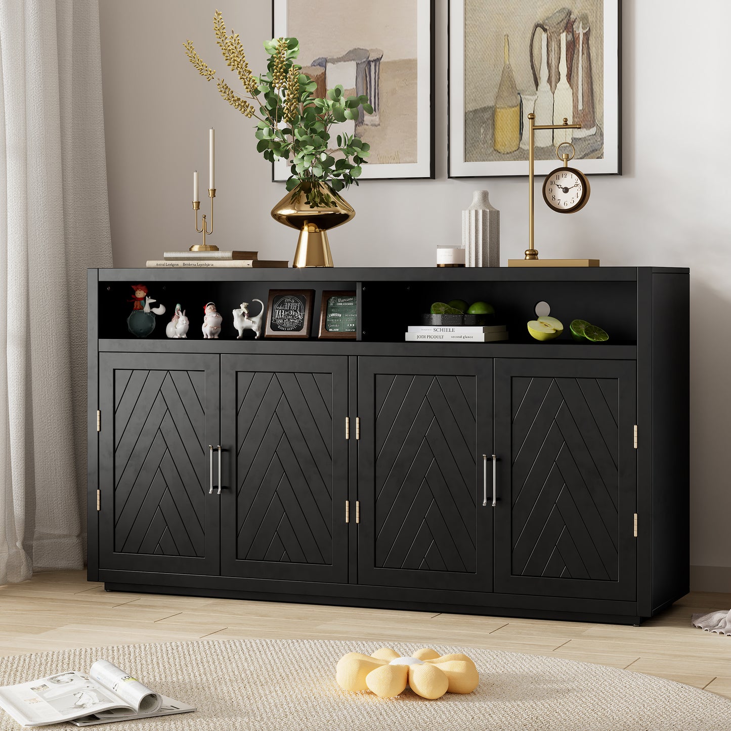 TREXM 4-door Classic Sideboard with Open Storage and Adjustable Shelves Perfect for kitchens,  living rooms (Black)