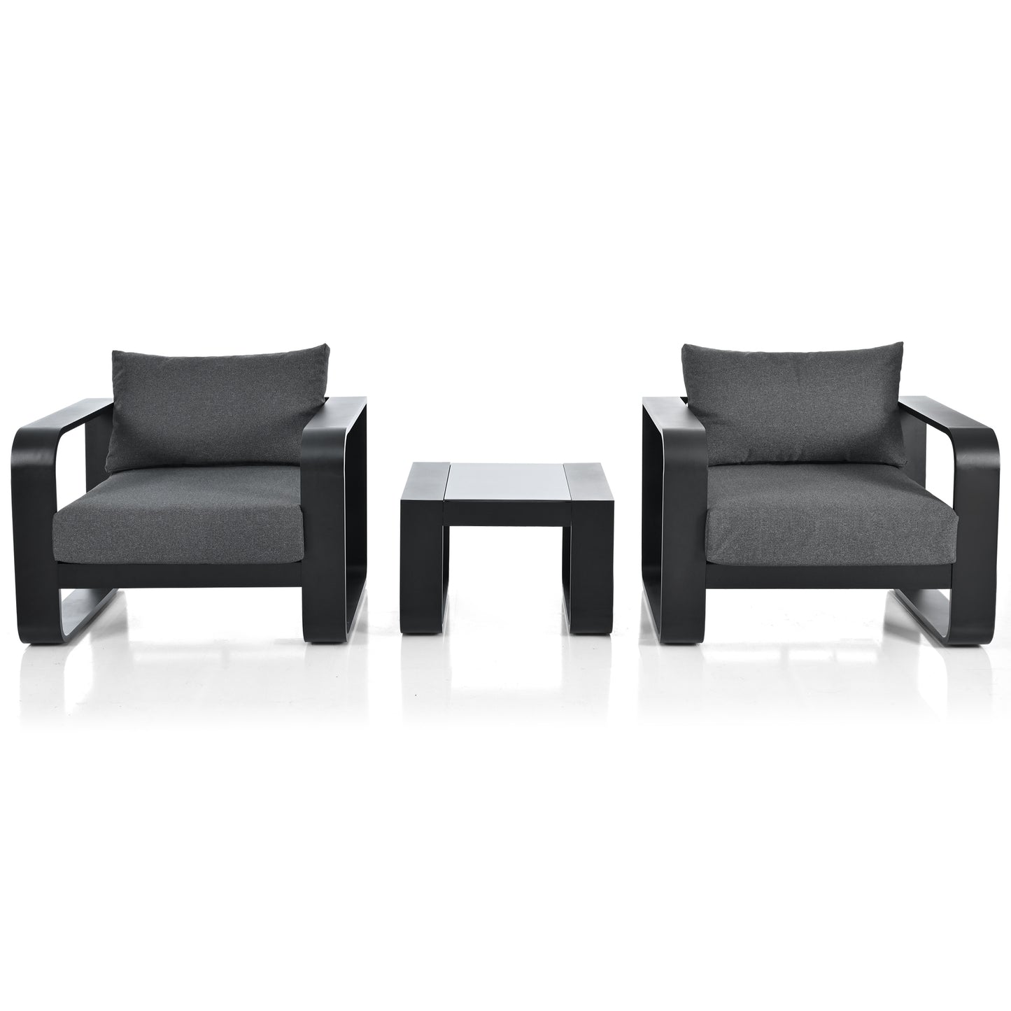 GO Meubles de patio à cadre en aluminium 3 pièces avec coussin de 6,7 po d'épaisseur et table basse, chaise d'extérieur en tissu oléfine tous temps, gris et noir