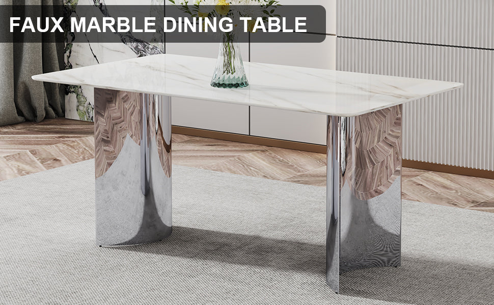 Contemporary White Imitation Marble Glass Dining Table - Stable Stainless Steel Legs for Stylish Dining Rooms