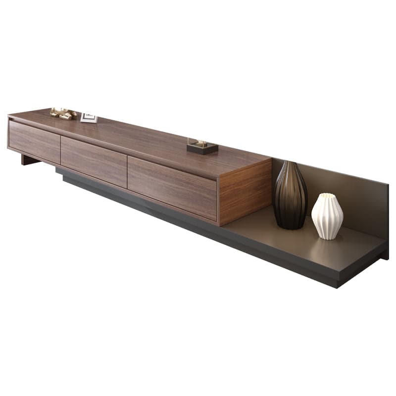 Minimalist Retracted & Extendable 3 Drawers TV Stand in Walnut and Gray Up to 120 Inch