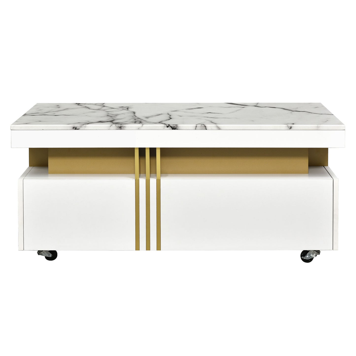 [VIDÉO fournie] Table basse contemporaine ON-TREND avec plateau en faux marbre, table de cocktail rectangulaire avec roulettes, table centrale de luxe modéré avec barres en métal doré pour le salon, blanc