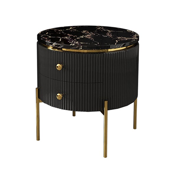 Modern Round End Table With Storage Black Faux Marble Side Table Gold Legs