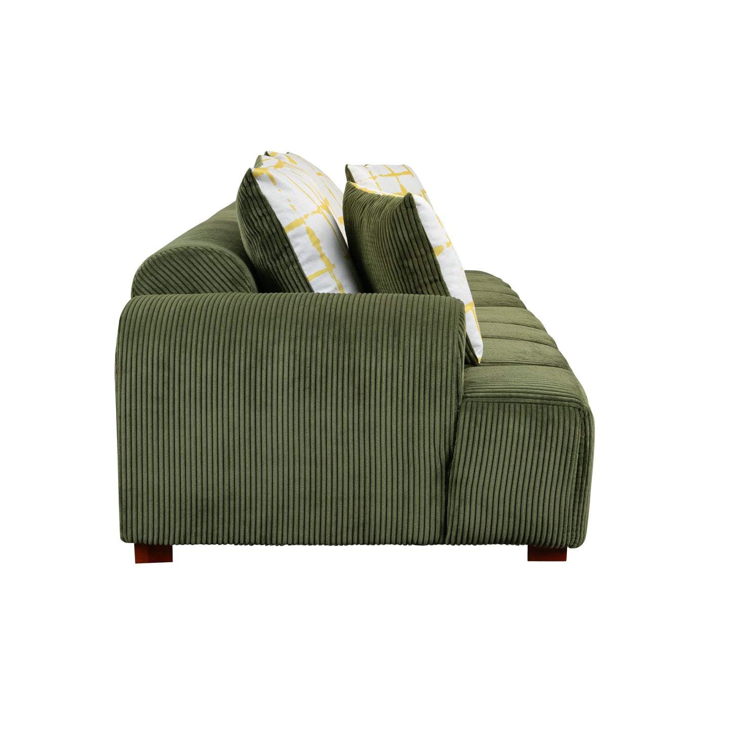 103.9" Modern Couch Corduroy Fabric Comfy Sofa with Rubber Wood Legs, 4 Pillows for Living Room, Bedroom, Office, Green