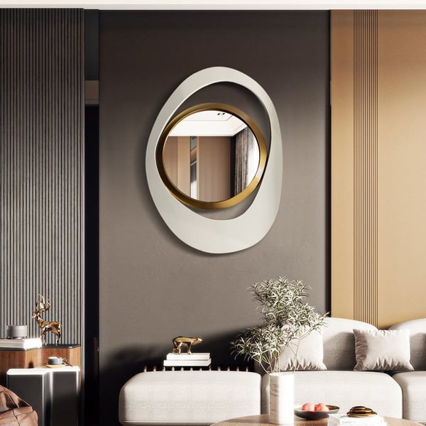 Modern 23.6" Large White & Gold Abstract Geometry Wall Mirror Decor Living Room Bedroom