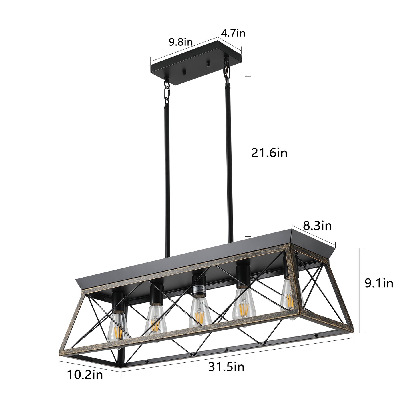 5-Light Farmhouse Chandeliers for Dining Room, Metal Rustic Pendant Island Light Fixture, Modern Rectangular Island Lights for Kitchen, Living Room Black gold(No Bulbs)NEW SKU:W1340P206630