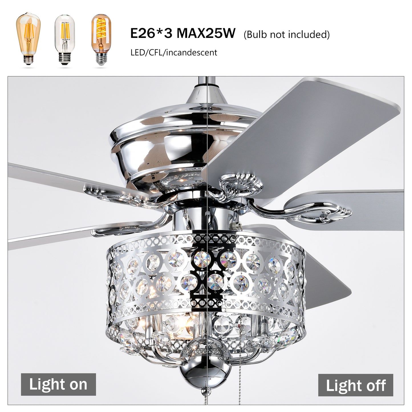 Chrome 52" Ceiling Fan with Reversible Motor - Indoor Use, Pull Chain Control (No Light Bulb)