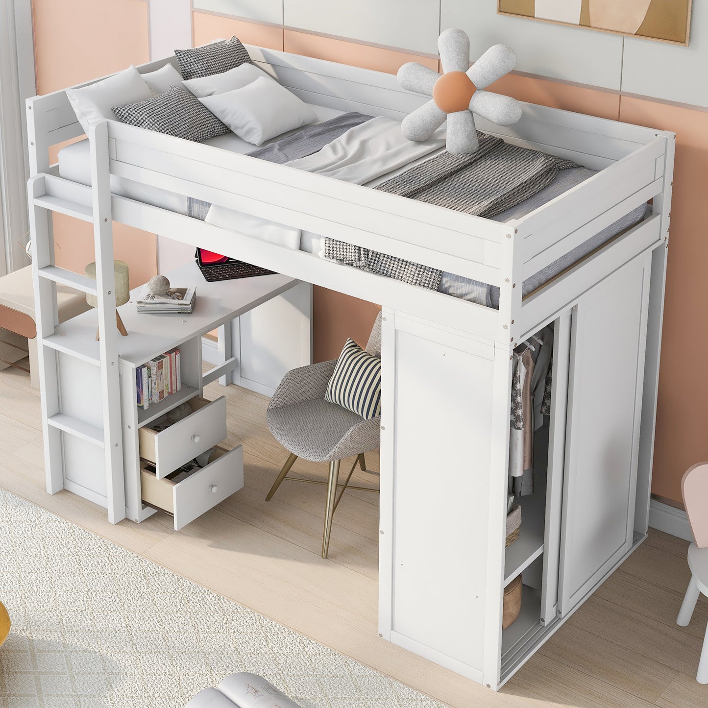 Lit mezzanine double en bois avec armoires et bureau à 2 tiroirs avec armoire, blanc