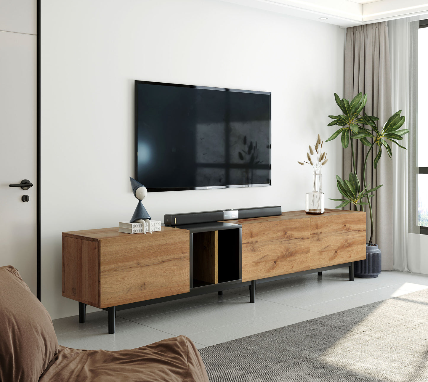 Meuble TV moderne pour téléviseur 80'' avec 3 portes, table console multimédia, centre de divertissement avec grand meuble de rangement pour salon, chambre à coucher