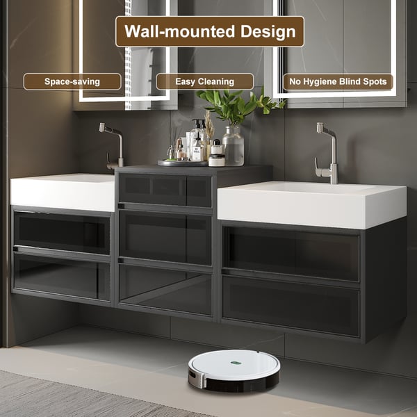 67" Floating Double Bathroom Vanity and Center Tower Black with Faux Marble Top