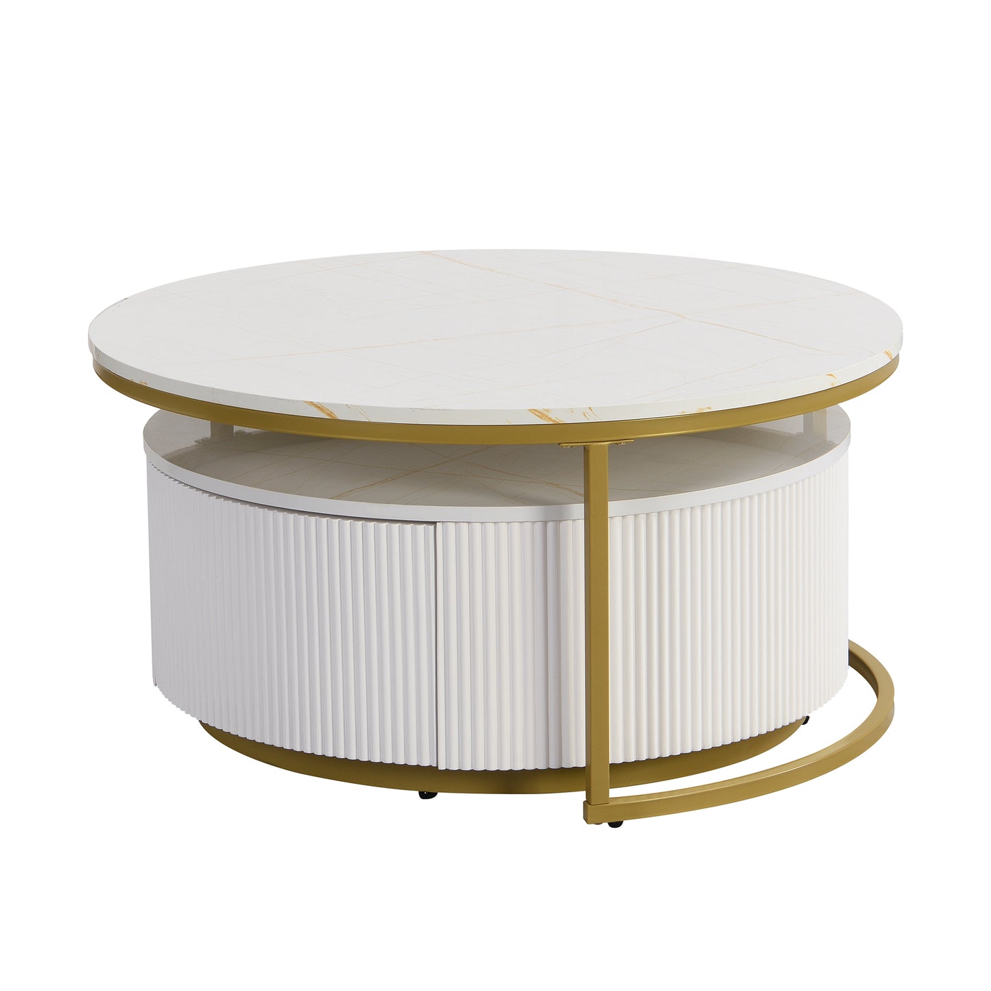 Modern Round Nesting Coffee Table Fluted with Drawer in White & Gold in 31.5''