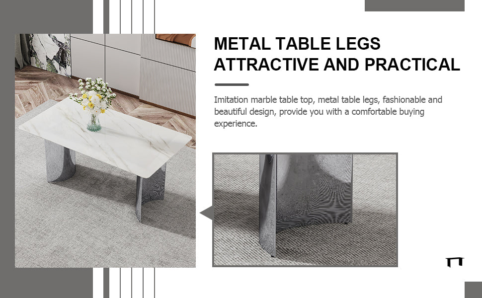 Contemporary White Imitation Marble Glass Dining Table - Stable Stainless Steel Legs for Stylish Dining Rooms