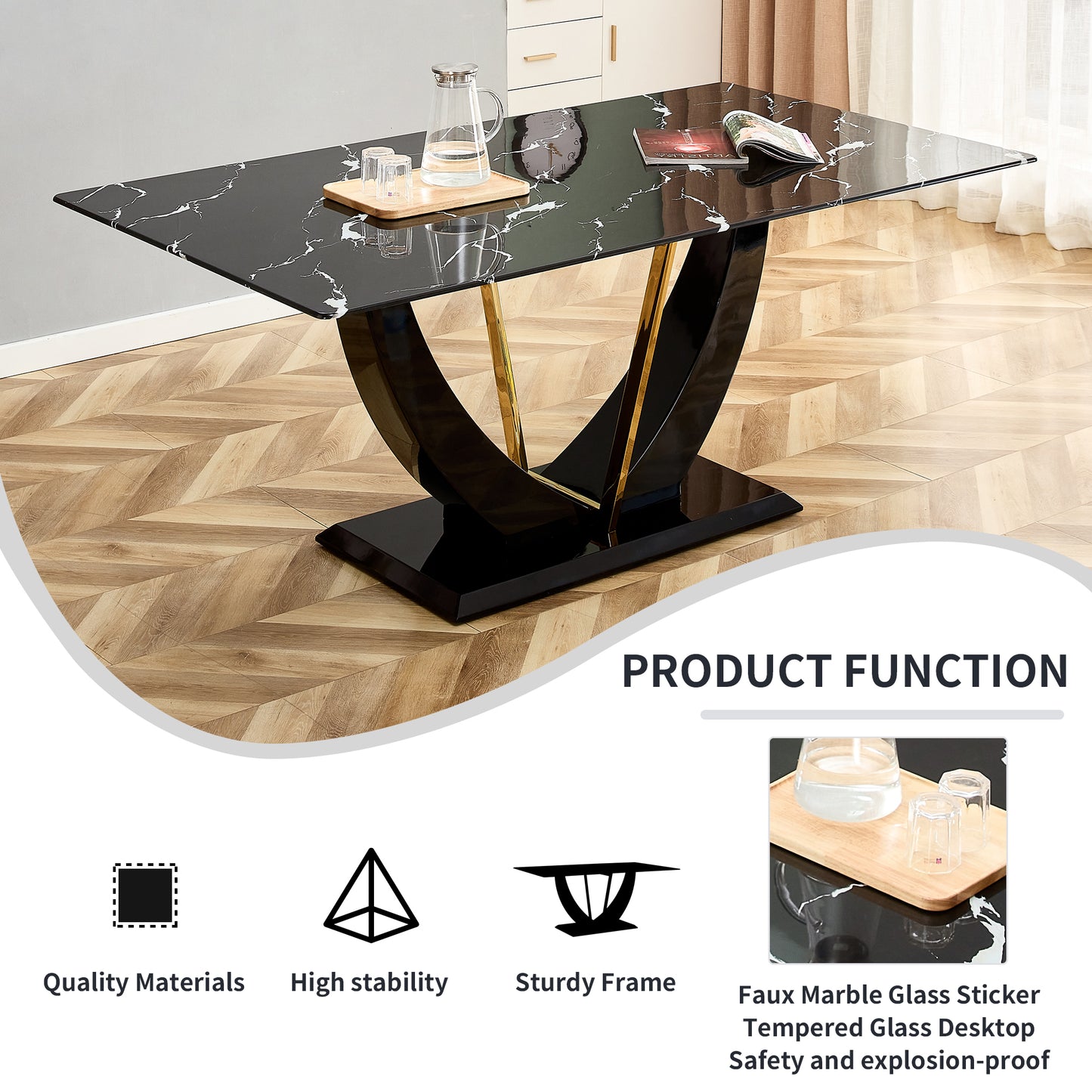 Stylish Rectangular Dining Table with Luxurious Black Imitation Marble Texture - Versatile Desk for Home