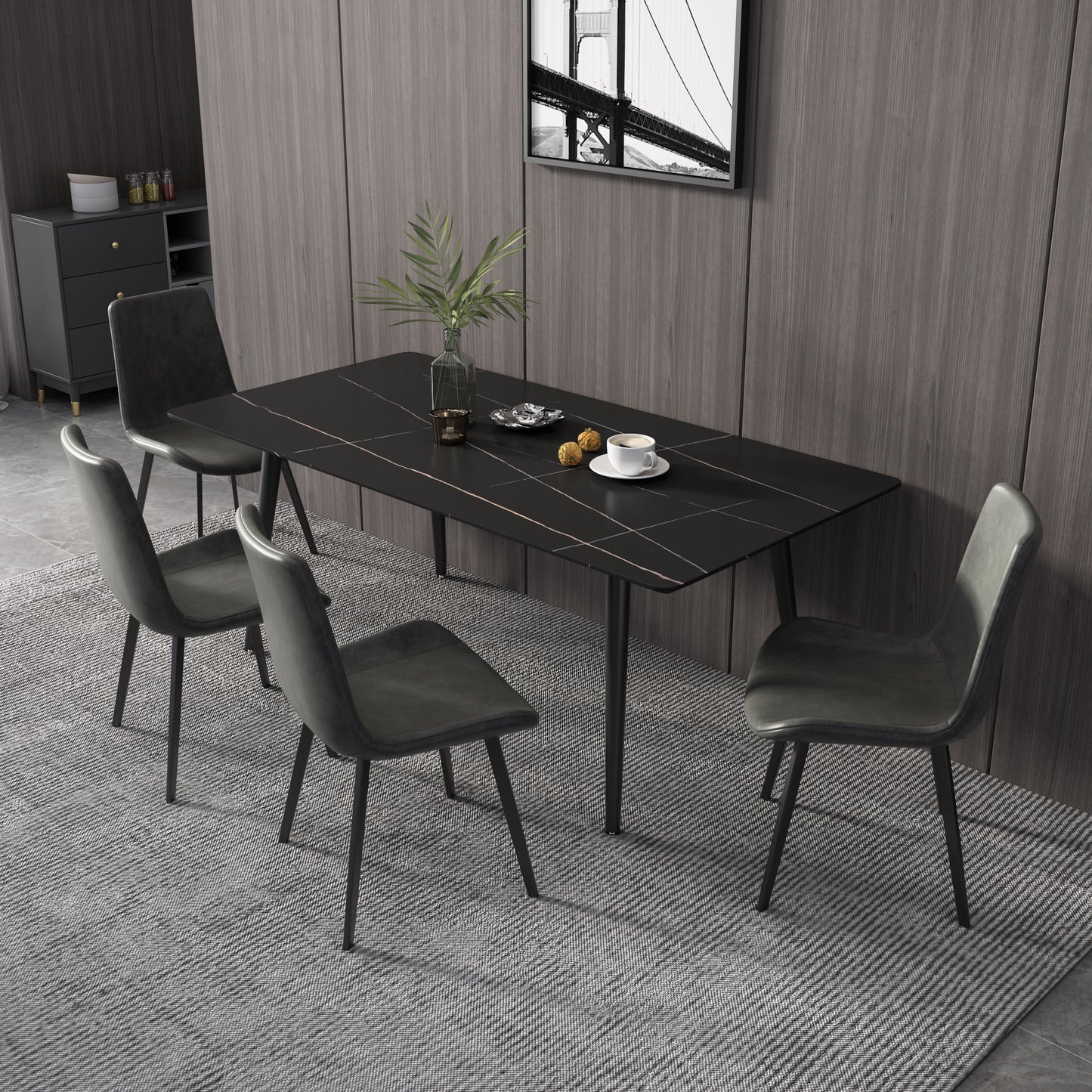 Modern Sintered Rectangle Dining Table Set with Black Stone Top 6 Persons 4 Legs