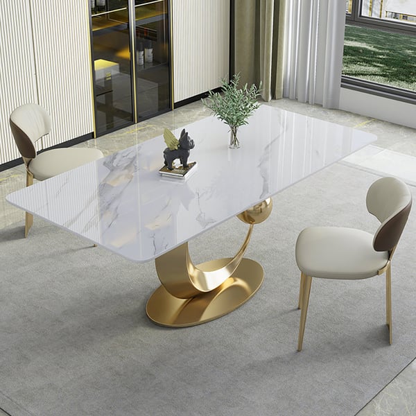 Table de salle à manger rectangulaire blanche de 71 pouces, plateau moderne en faux marbre avec base sur pied