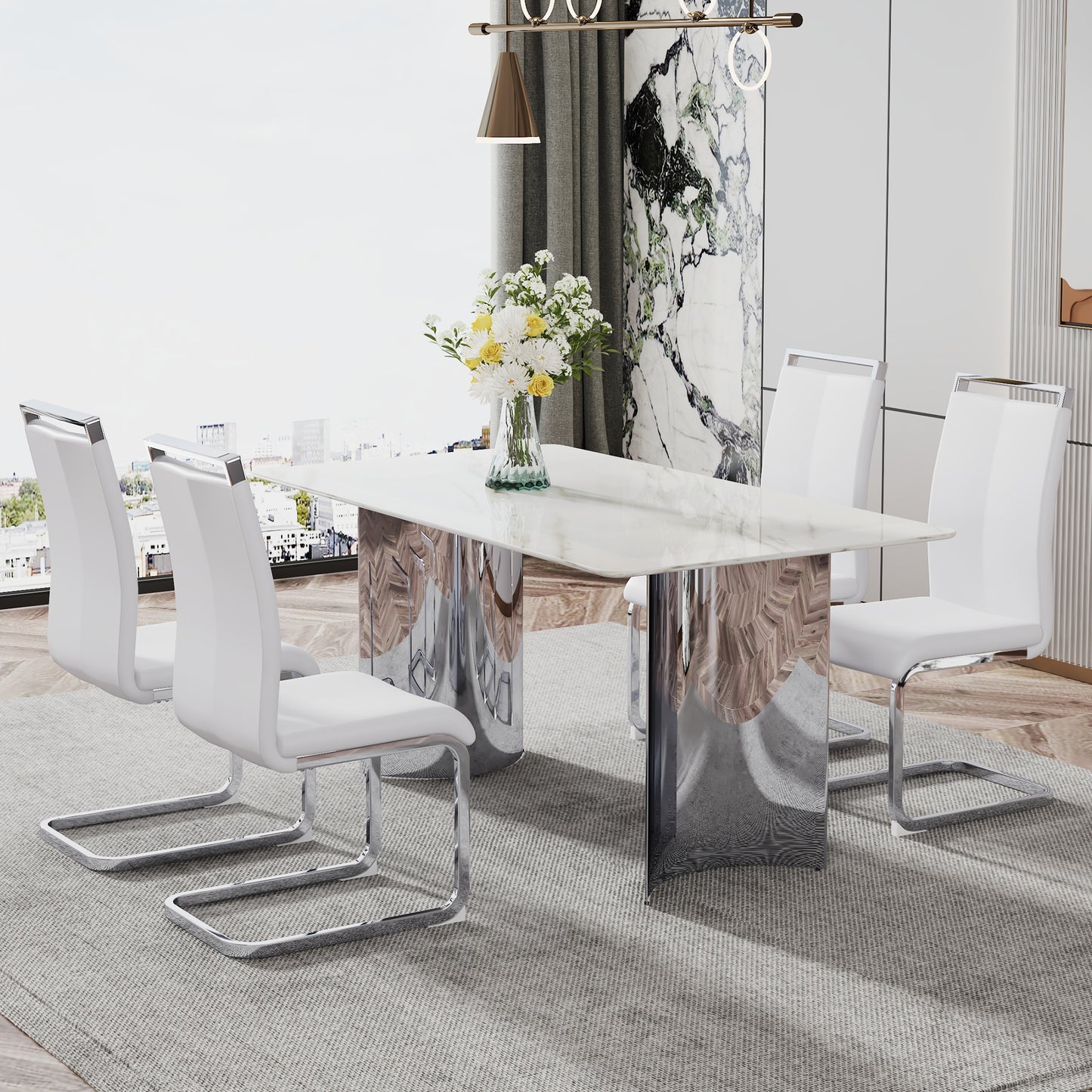 Contemporary White Imitation Marble Glass Dining Table - Stable Stainless Steel Legs for Stylish Dining Rooms