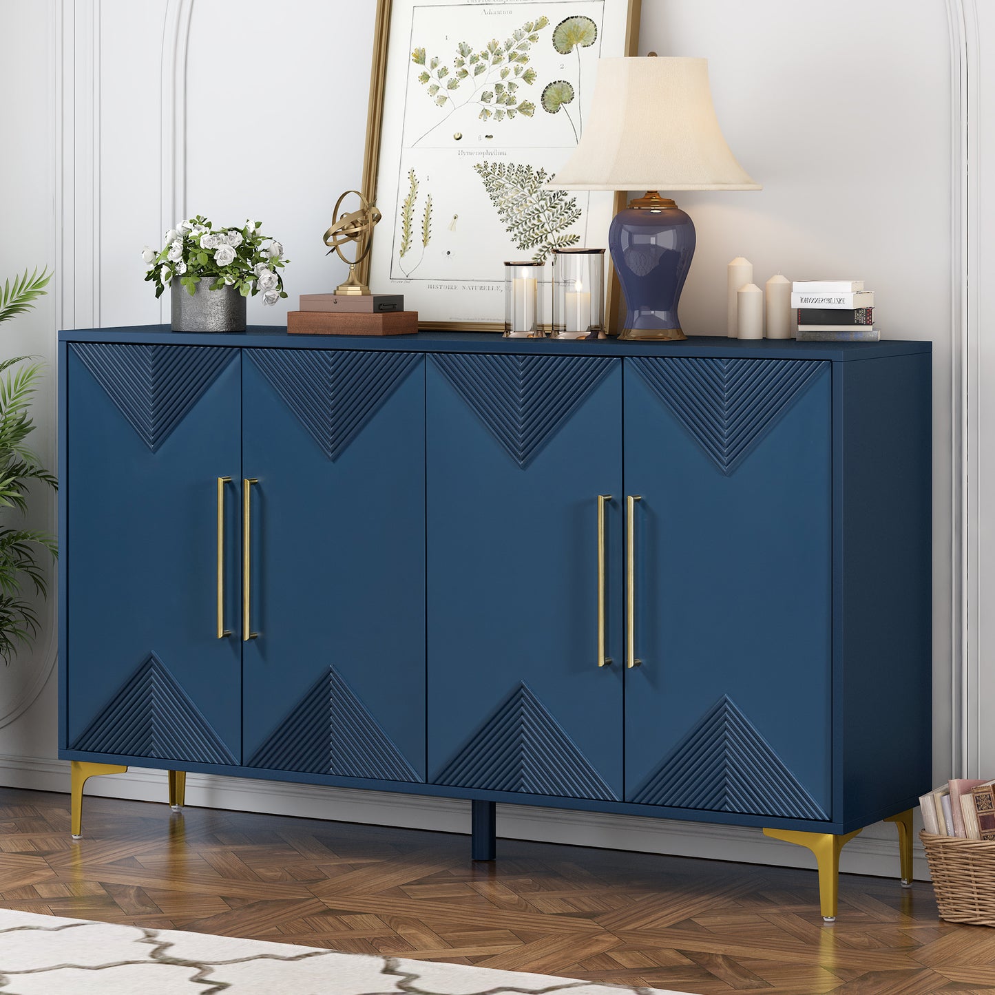 Unique Four-Door Cabinet with Two-Tone Triangular Pattern Doors