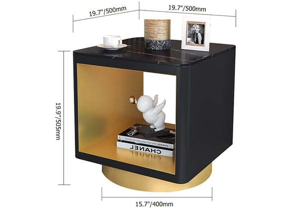 Modern Black Side Table with Storage Hollow Cube Table with Gold Metal Pedestal