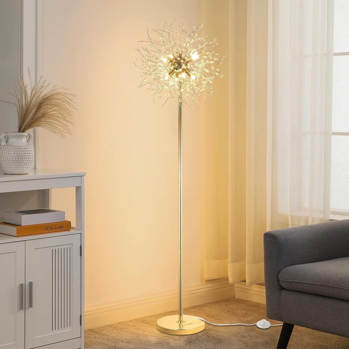 69" Modern Crystal Floor Lamp with K9 Crystal & LED - Stylish Gold Finish, Foot Switch for Living Room & Bedroom