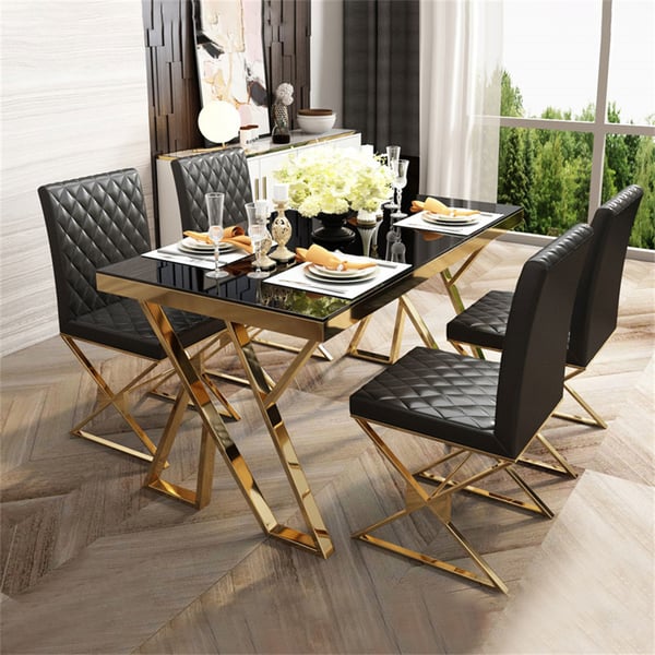 55 Inches Modern Black Rectangle Tempered Glass Dining Table