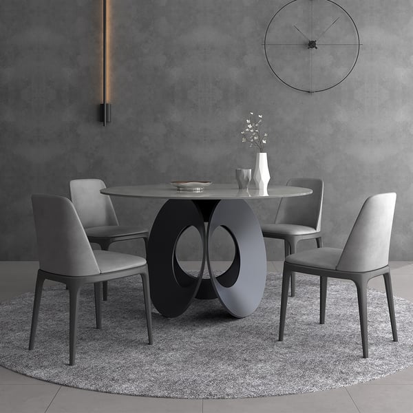 51" Round Gray Dining Table with Stone Top & Carbon Steel Base