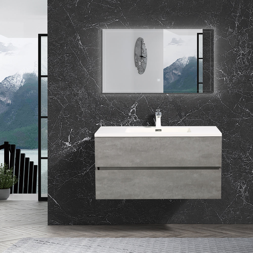 36'' Wall Mounted Single Bathroom Vanity in Ash Gray With White Solid Surface Vanity Top