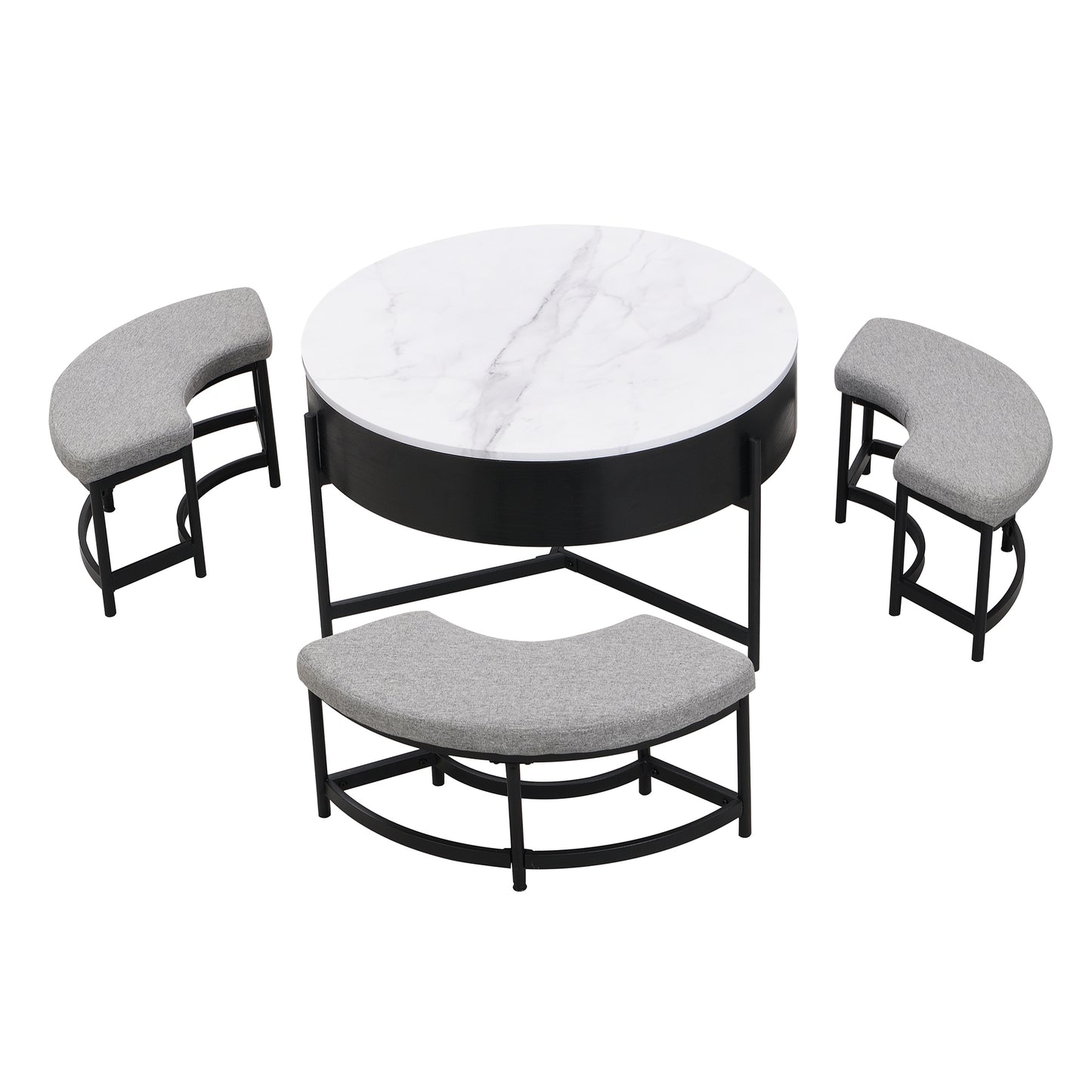 Modern Round Lift-Top Coffee Table with Storage & 3 Ottoman White & Black