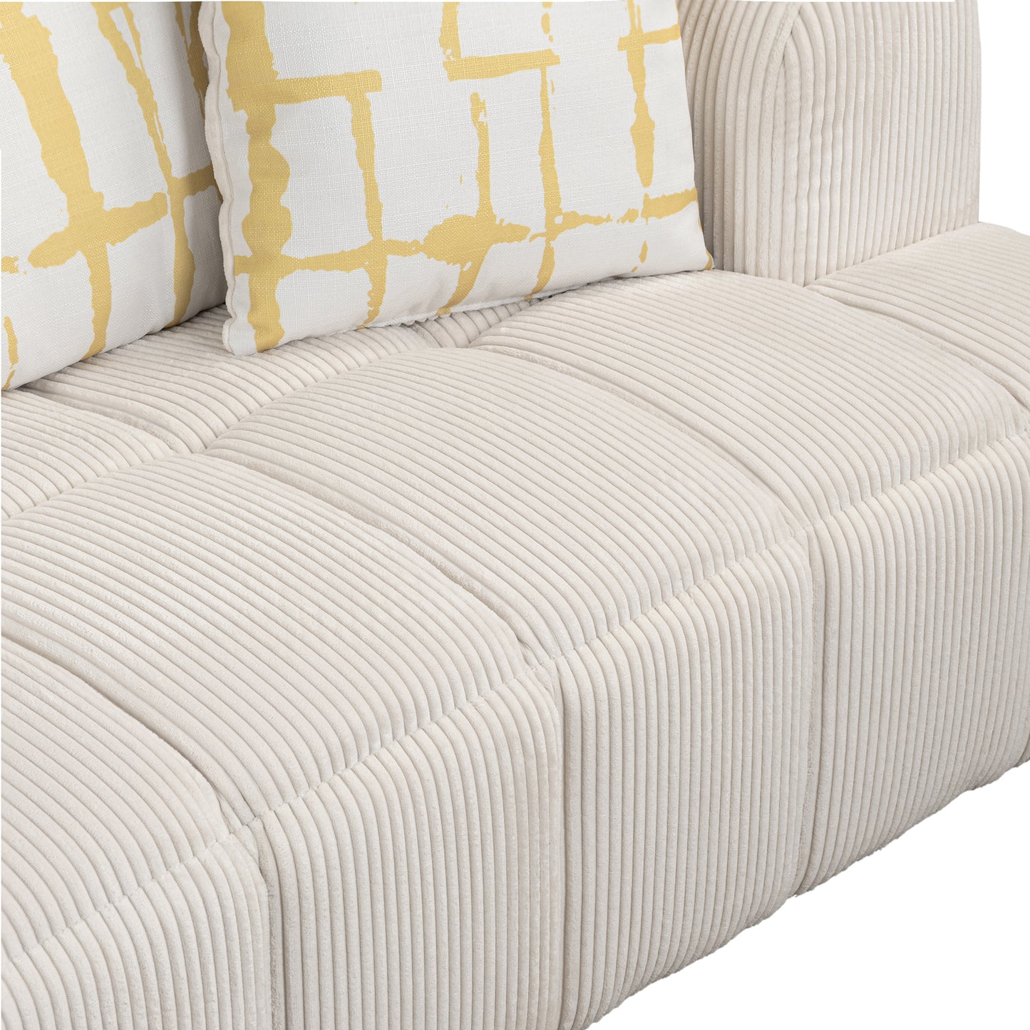 103.9" Modern Couch Corduroy Fabric Comfy Sofa with Rubber Wood Legs, 4 Pillows for Living Room, Bedroom, Office, Beige