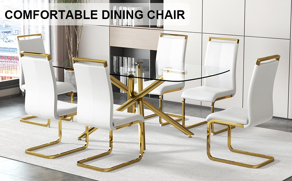 Large Modern Minimalist Rectangular Glass Dining Table with 0.39" Tempered Glass Top and Gilded Metal Legs for Kitchen, Dining Room, Living Room, Meeting Room, Ballroom 71" x 35.4" x 30".