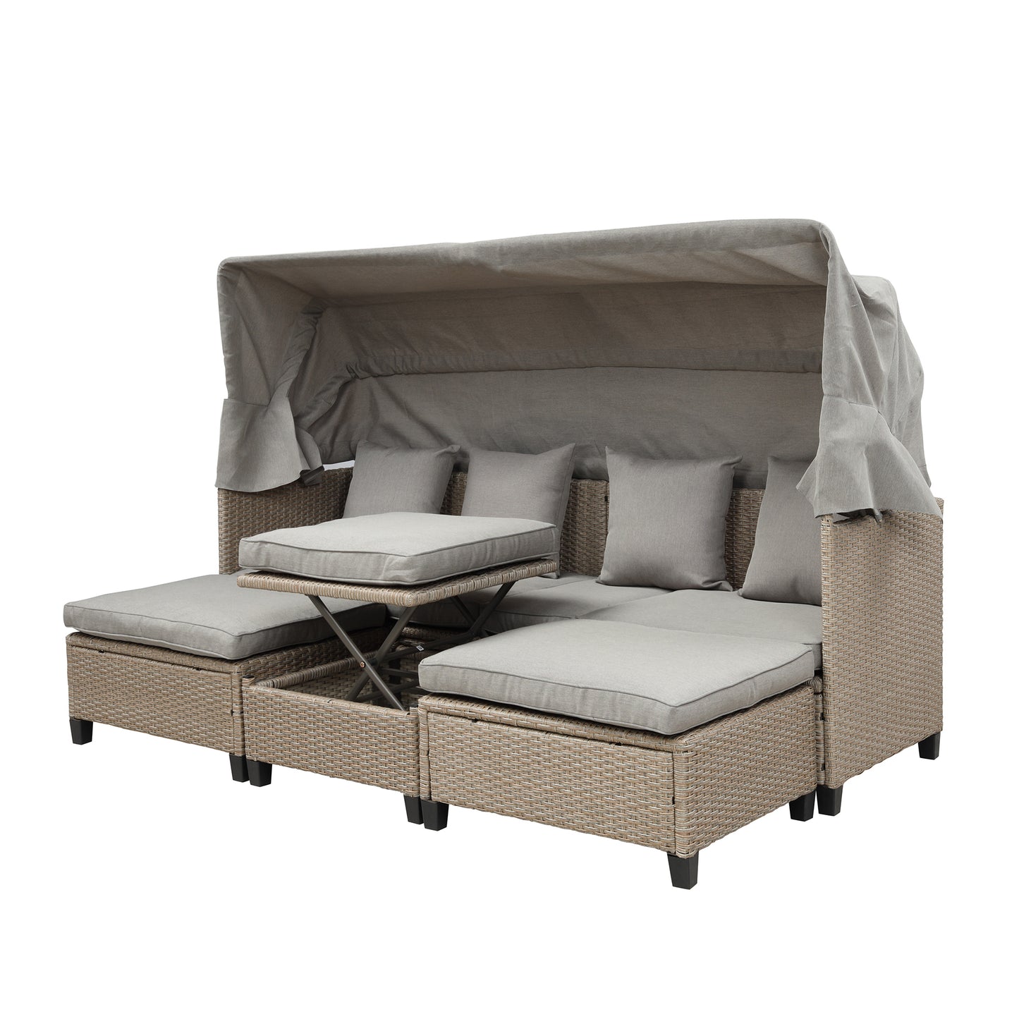 TOPMAX Ensemble de canapé de patio en osier en résine résistant aux UV 4 pièces avec auvent rétractable, coussins et table élévatrice, marron