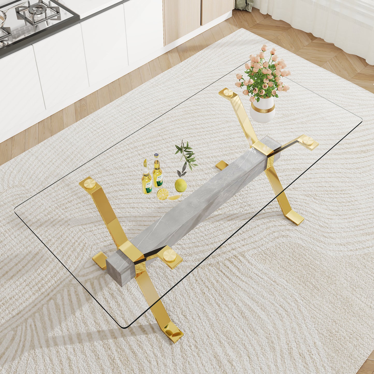 Dining table. Modern tempered glass dining table. Large modern office desk with gold plated metal legs and MDF crossbars, suitable for both home and office use. Kitchen. 79 ''x39''x30 '' 1105