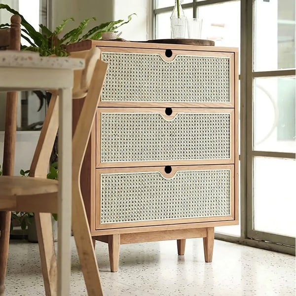 Mid Century Modern Natural 3 Drawers Chest Rattan Woven in Small