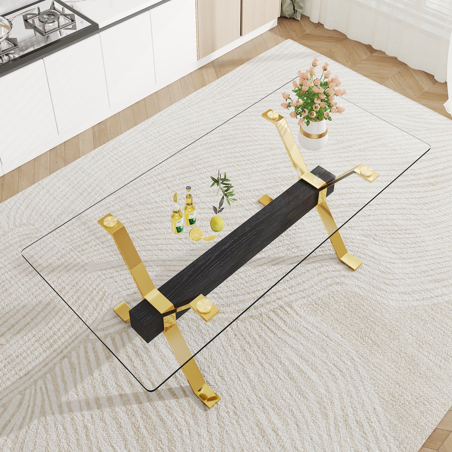 Dining table. Modern tempered glass dining table. Large modern office desk with gold metal legs and MDF crossbars, suitable for home and office use. Kitchen .71 ''x35.4''x30 '' 1105