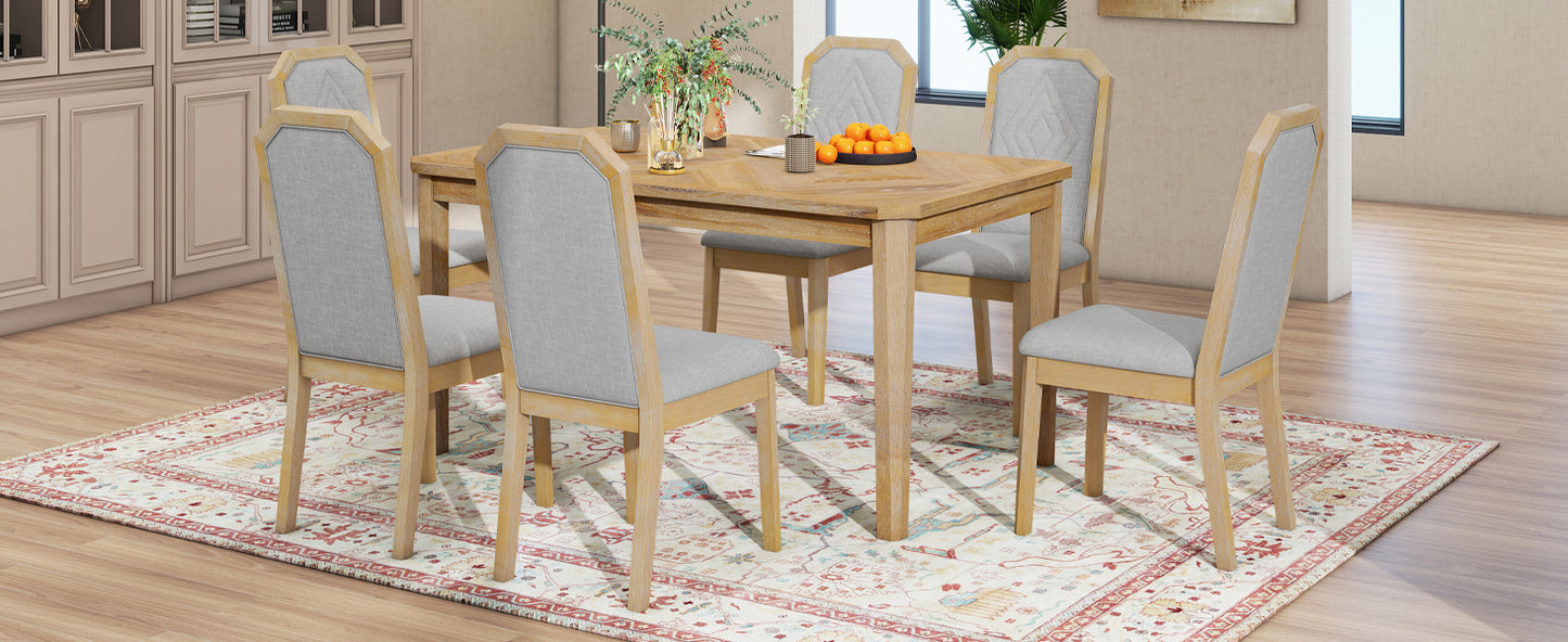 TREXM 7-Piece Farmhouse Dining Set Classic Rustic Table and 6 high-back design Chairs for Dining Room, Kitchen (Natural Wood Wash)