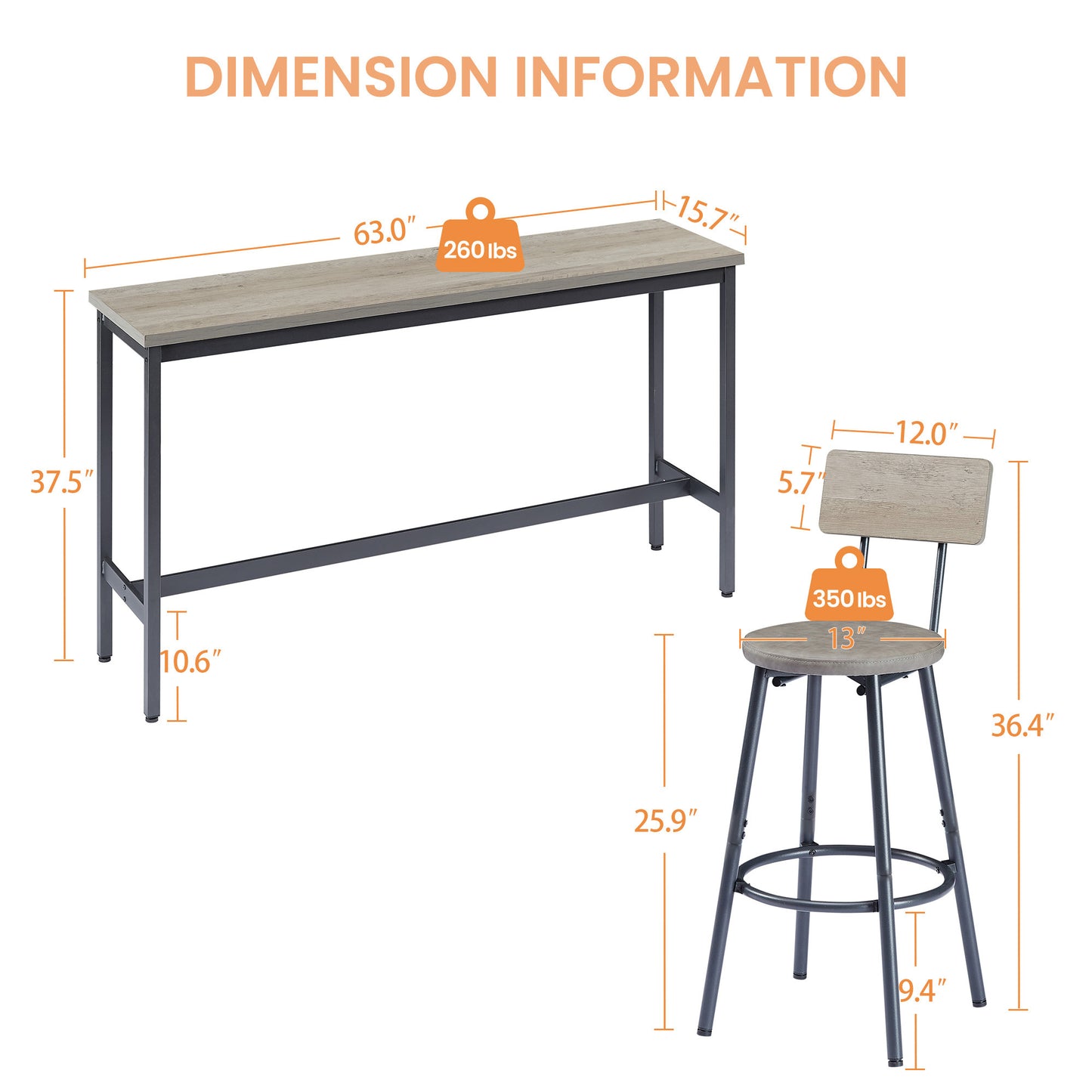 Ensemble de table de bar longue avec 3 tabourets de bar rembourrés en PU, table de bar industrielle et chaises pour table de petit-déjeuner de cuisine, salon, salle de banquet, gris rustique et noir, 63"L x 15,7"l x 37,5"H