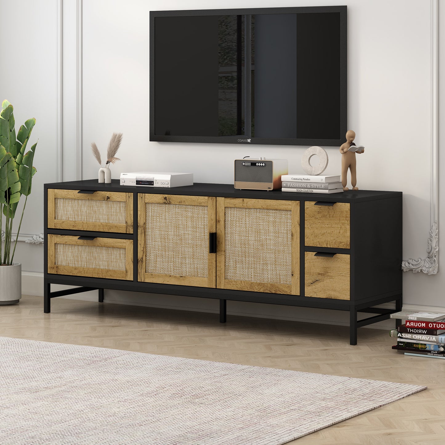 ON-TREND Meuble TV élégant en rotin pour téléviseurs jusqu'à 65", console multimédia de style bohème avec étagères réglables, table console TV élégante avec surface grain de bois pour le salon, gris acier