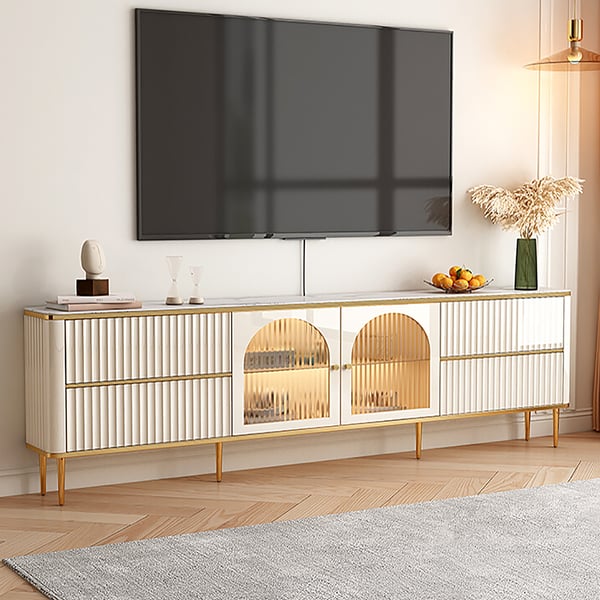 Meuble TV en pierre cannelée avec porte en verre blanc de 80", meuble multimédia en bois pour téléviseur de 85" avec tiroirs