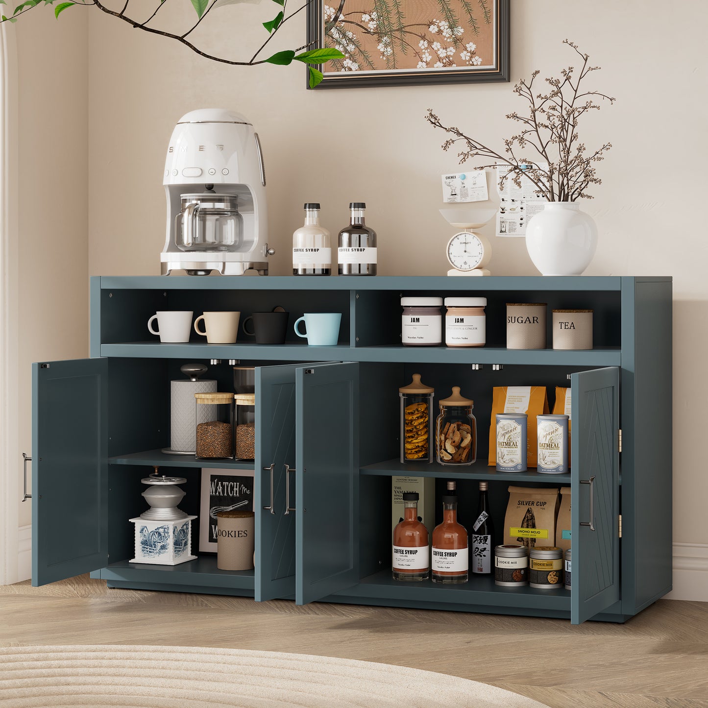 TREXM 4-door Classic Sideboard with Open Storage and Adjustable Shelves Perfect for kitchens,  living rooms (Smoke Blue)