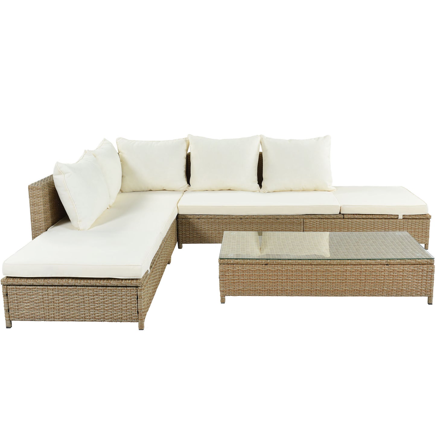 TOPMAX Ensemble de canapé 3 pièces en rotin pour patio, ensemble sectionnel en osier PE résistant aux intempéries, avec cadre de chaise longue réglable et table en verre trempé, marron naturel + coussin beige