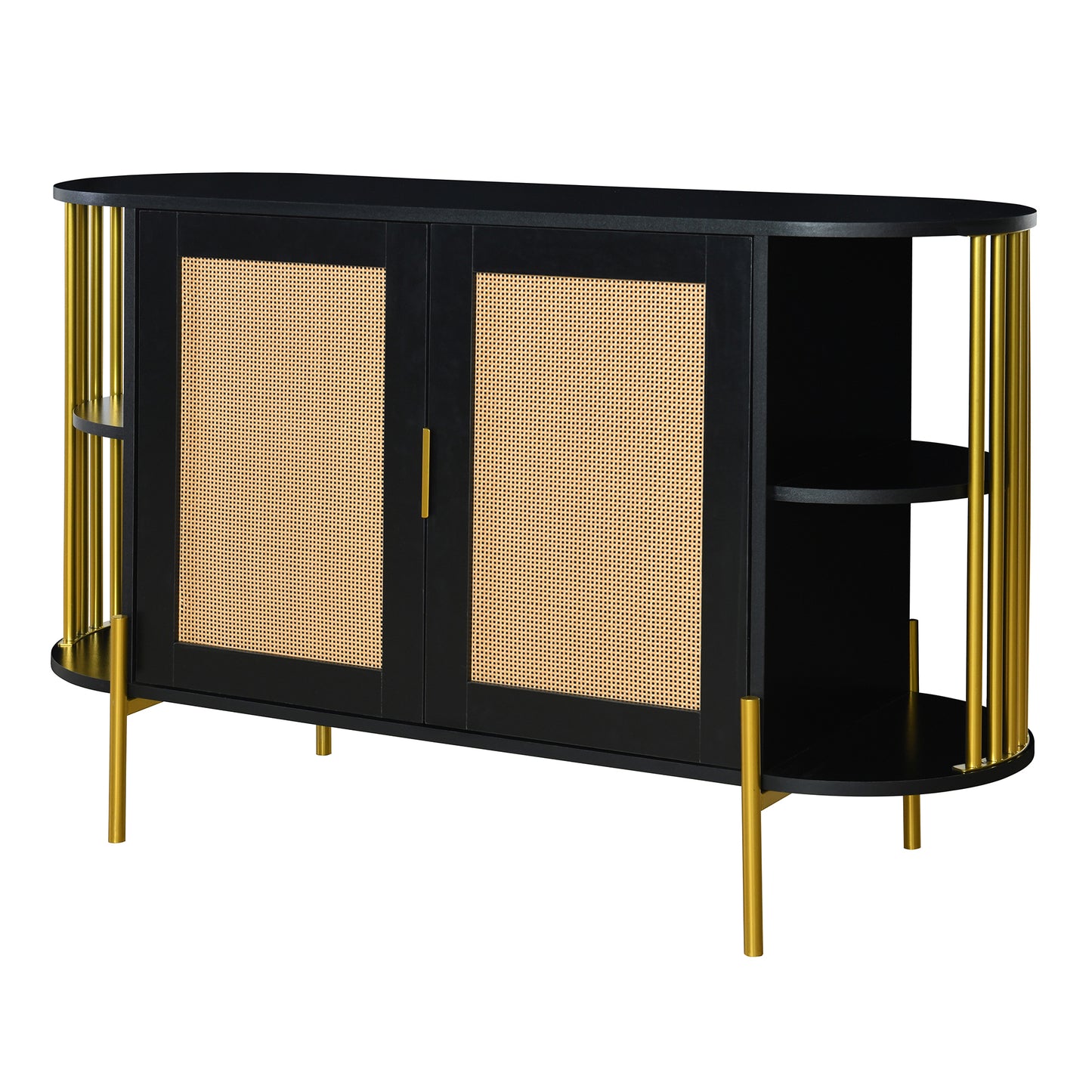 TREXM 2-Door Elegant Curved Dining Cabinet with Gold Trim and Woven Rattan Doors for Dining Room (Black)