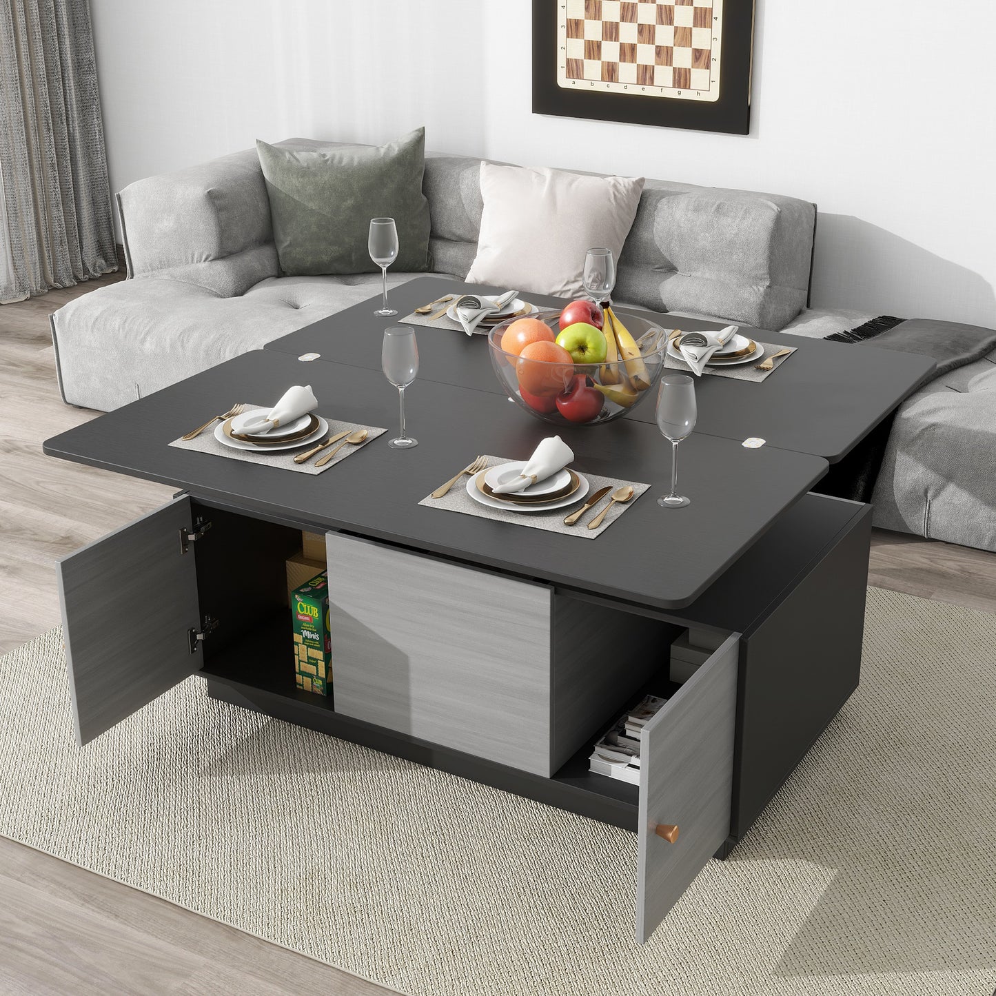 Modern Gray Multi-functional Rectangle Lift-top Coffee Table Extendable with Storage