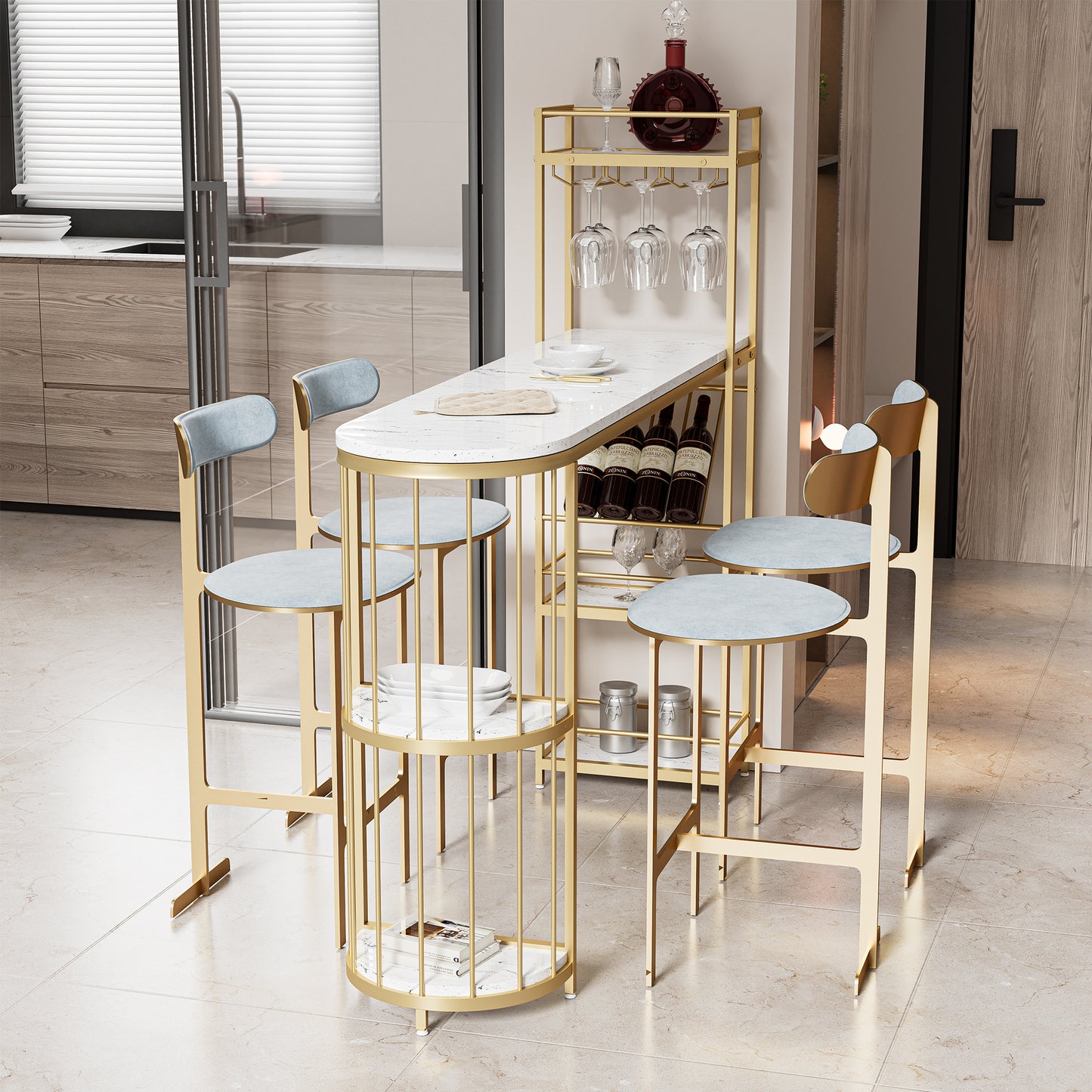 63" Table de salle à manger de hauteur de bar de cuisine blanche moderne Table de petit-déjeuner en bois avec base dorée avec étagères, support en verre, support à bouteilles de vin