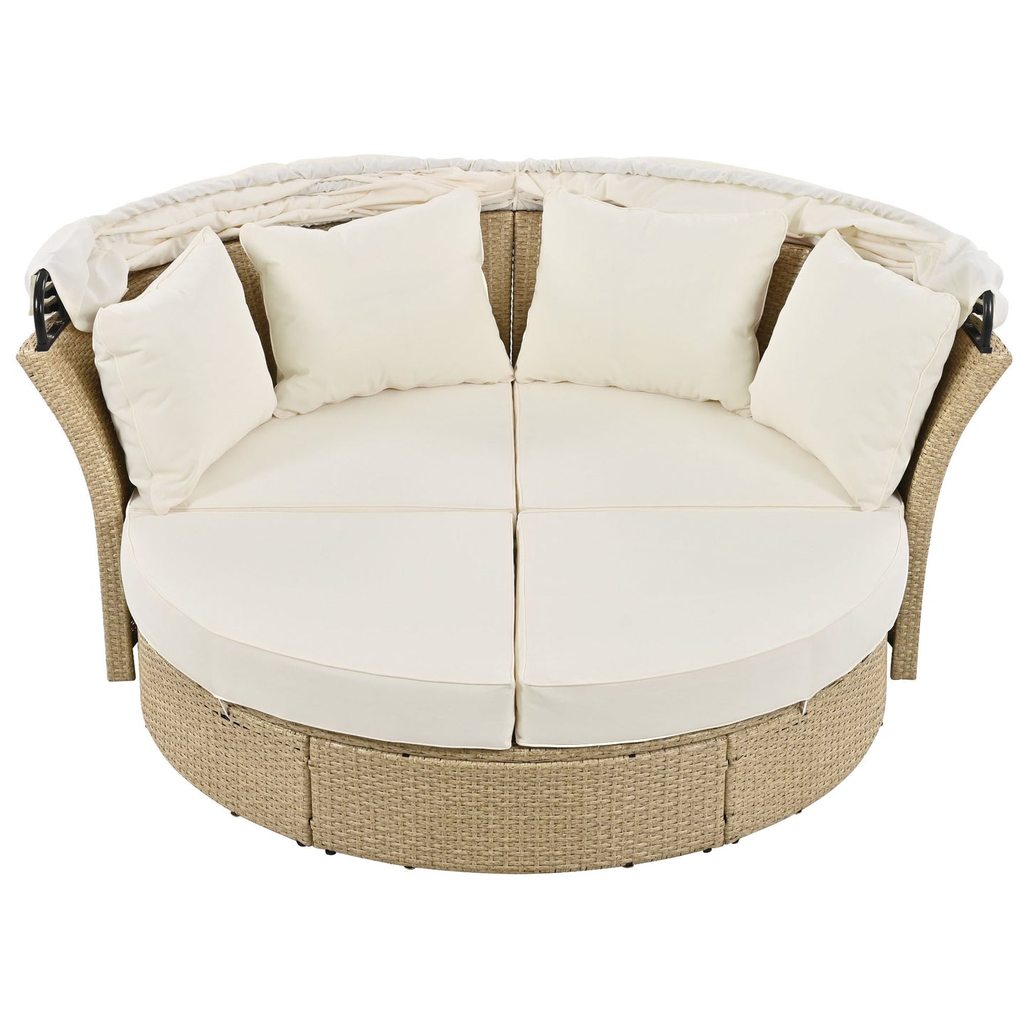 Outdoor Patio Daybed Wicker Rattan Double Daybed Round Sofa Furniture Set with Retractable Canopy, 4 Pillows for Lawn Garden Backyard Porch Pool, Beige